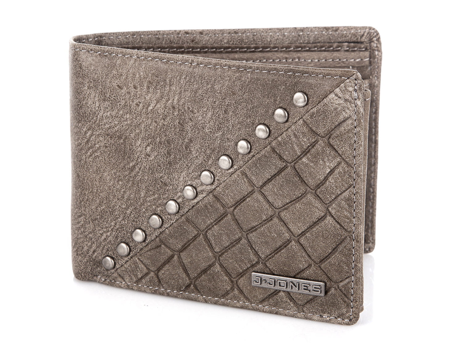 Szary, duży portfel męski skórzany z ćwiekami J Jones