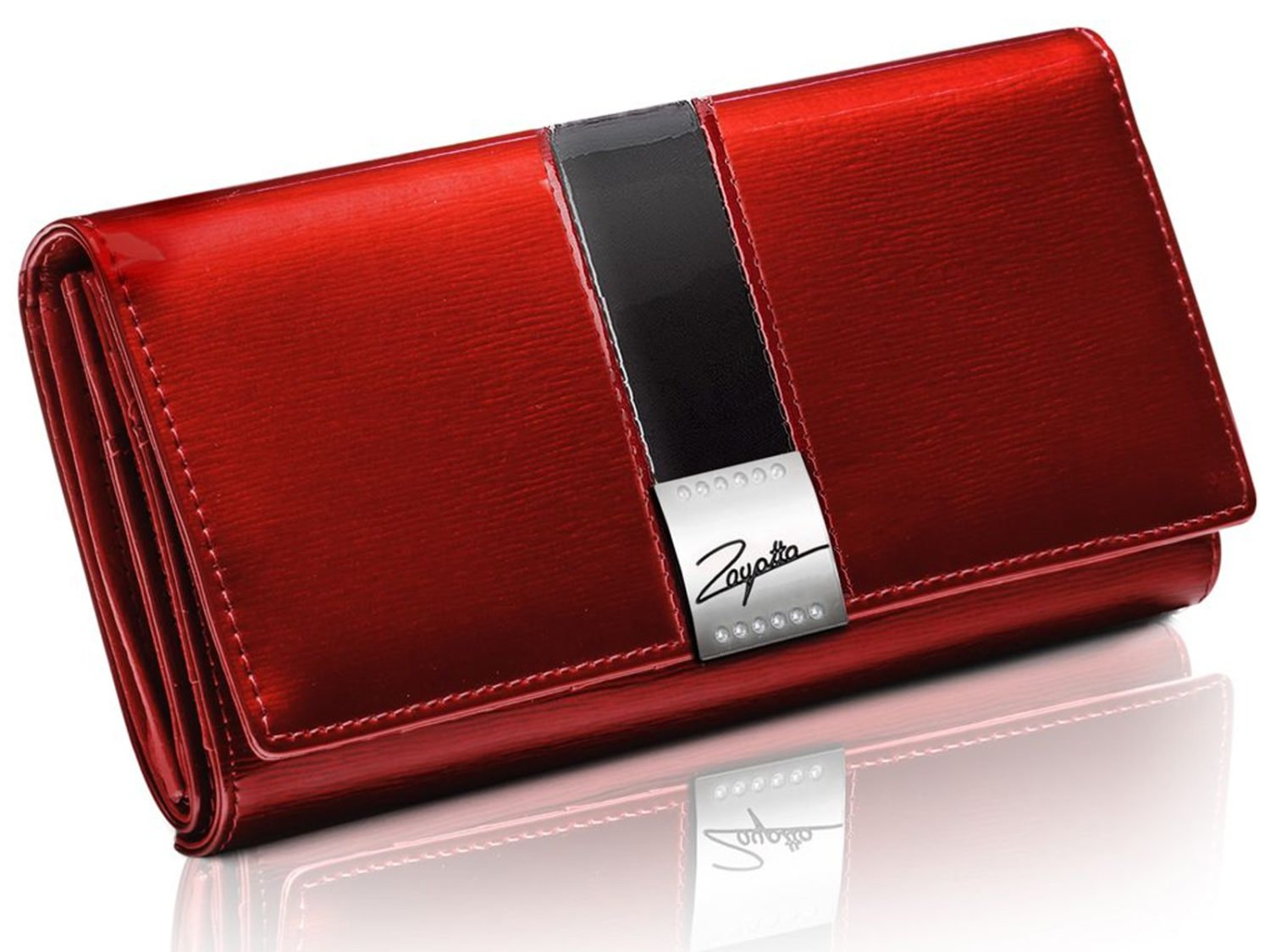 Poziomy czerwony portfel damski lakierowany z czarnym paskiem Zagatto ZG-100-SH FX RED