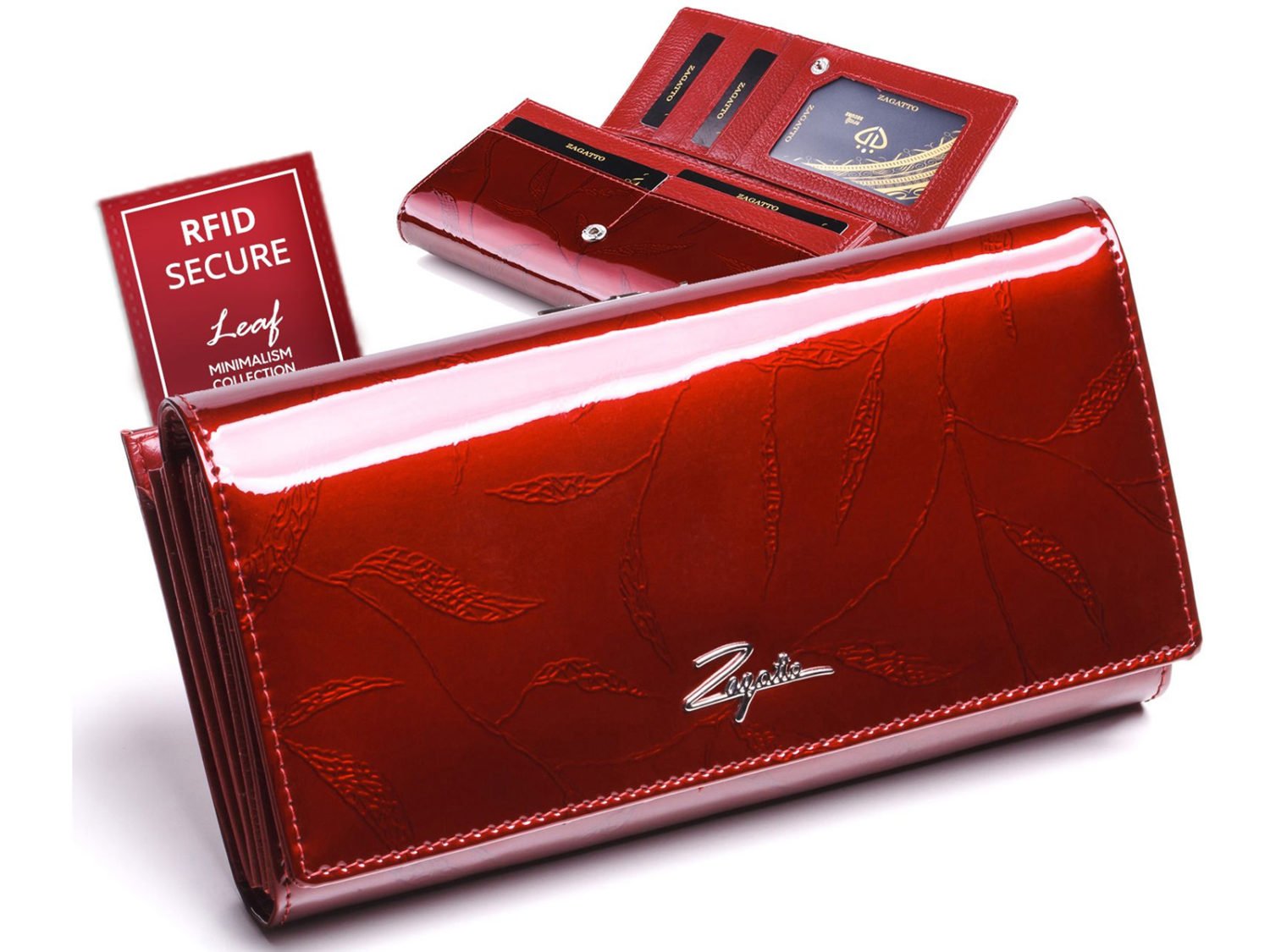 czerwony duży lakierowany portfel damski zagatto ZG-150-LEAF RED