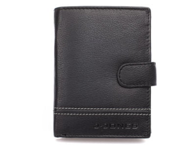 Elegancki skórzany portfel męski czarny z szarym szwem