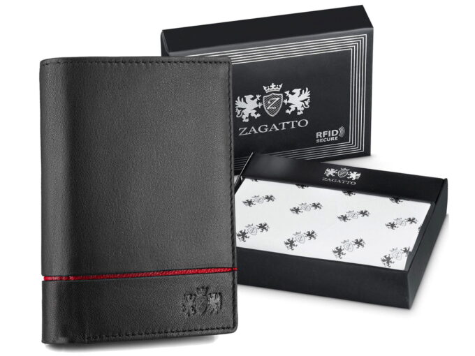 portfel męski skórzany ZAGATTO pionowy z czerwonym paseczkiem