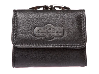 Czarny skórzany portfelik damski zapinany na bigiel