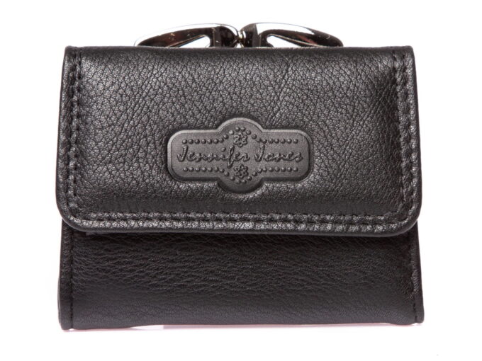 Czarny skórzany portfelik damski zapinany na bigiel