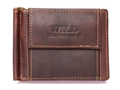 Skórzany portfel męski z klipsem na banknoty ciemny brąz WILD