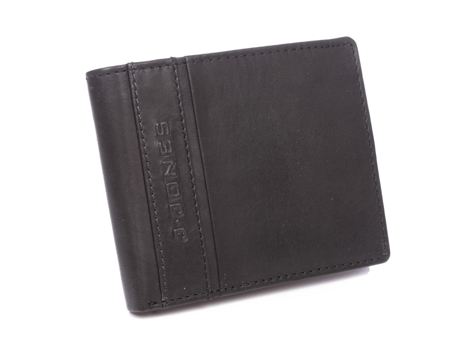 Czarny skórzany portfel męski bifold, zamknięty, z logo J Jones