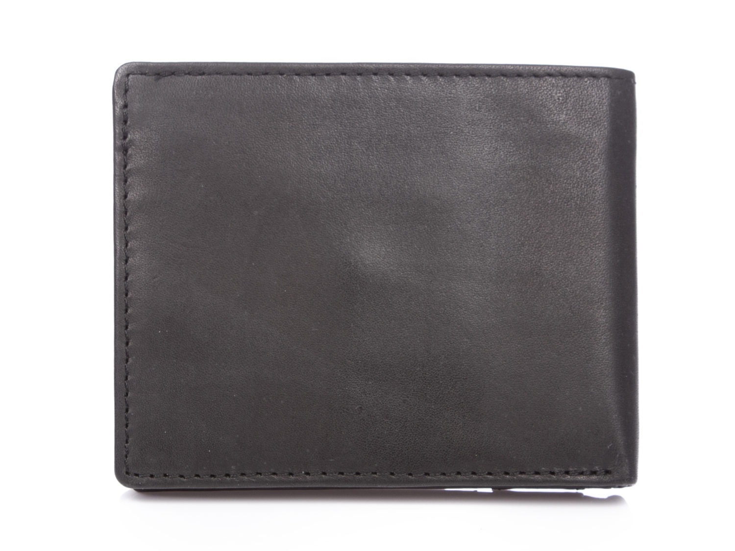 Czarny skórzany portfel męski bifold, zamknięty, widok z przodu