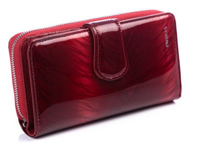 Duży lakierowany portfel damski czerwony z wzorkami PATRIZIA
