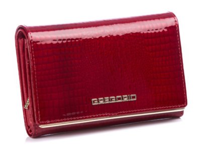 GREGORIO Czerwony lakierowany portfel damski ze złotą blaszką