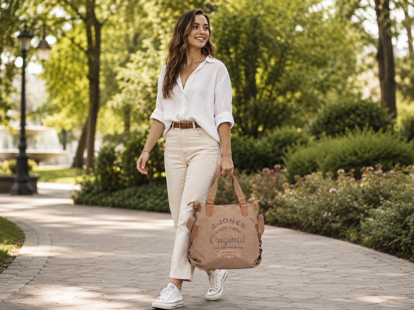 Torebka J Jones z canvasu i skóry naturalnej, widok z przodu na modelce, beżowa