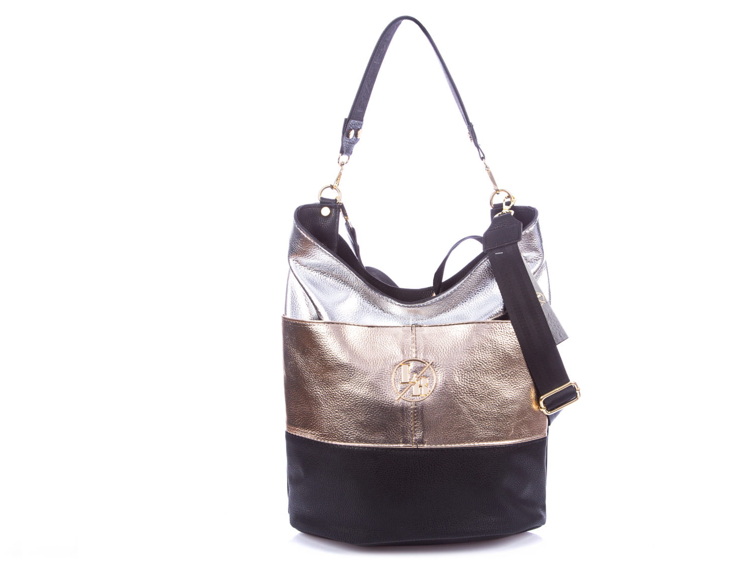 Srebrno, złoto, czarna torebka damska Laura Biaggi błyszcząca