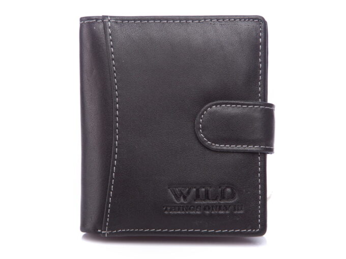 WILD Skórzany portfel męski zapinany na zatrzask nieduży czarny