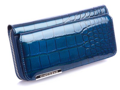 Niebieski lakierowany portfel damski Gregorio z klapką