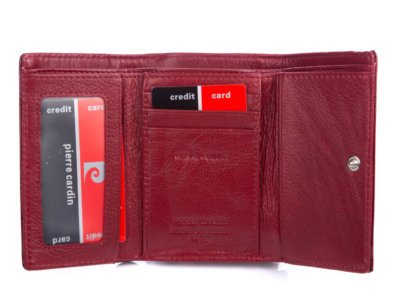 Pierre Cardin mały bordowy portfel damski z biglem w listki - obrazek 4