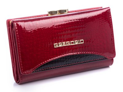 Czerwono-czarny lakierowany portfel damski z biglem GREGORIO