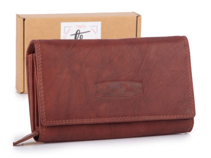 Duży ciemnobrązowy skórzany portfel damski Money Maker