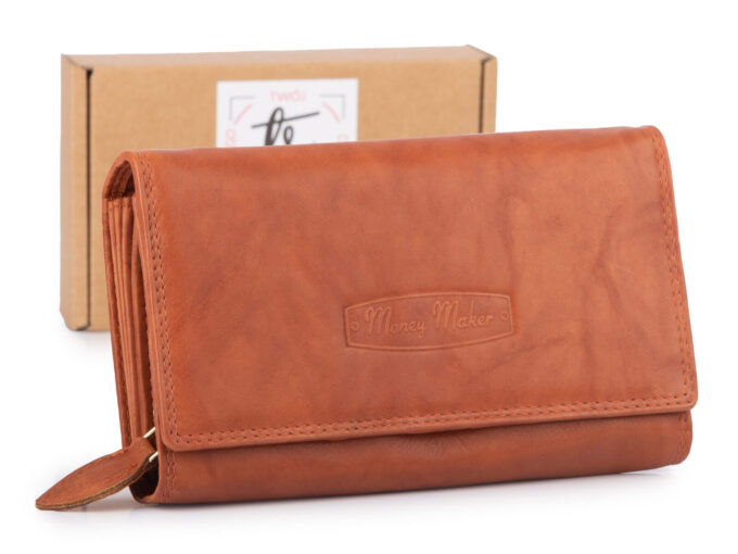Duży koniakowy portfel damski skórzany Money Maker