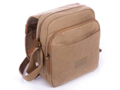 Torba męska na ramię listonoszka canvas i skóra naturalna średnia brązowa - obrazek 6