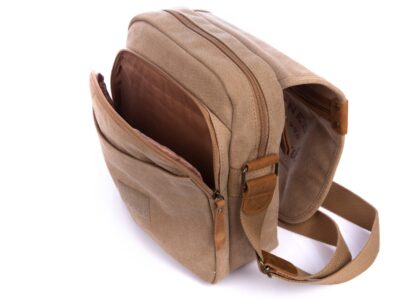 Torba męska na ramię listonoszka canvas i skóra naturalna średnia brązowa - obrazek 8