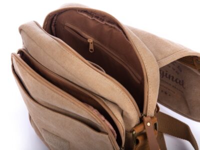 Torba męska na ramię listonoszka canvas i skóra naturalna średnia brązowa - obrazek 9