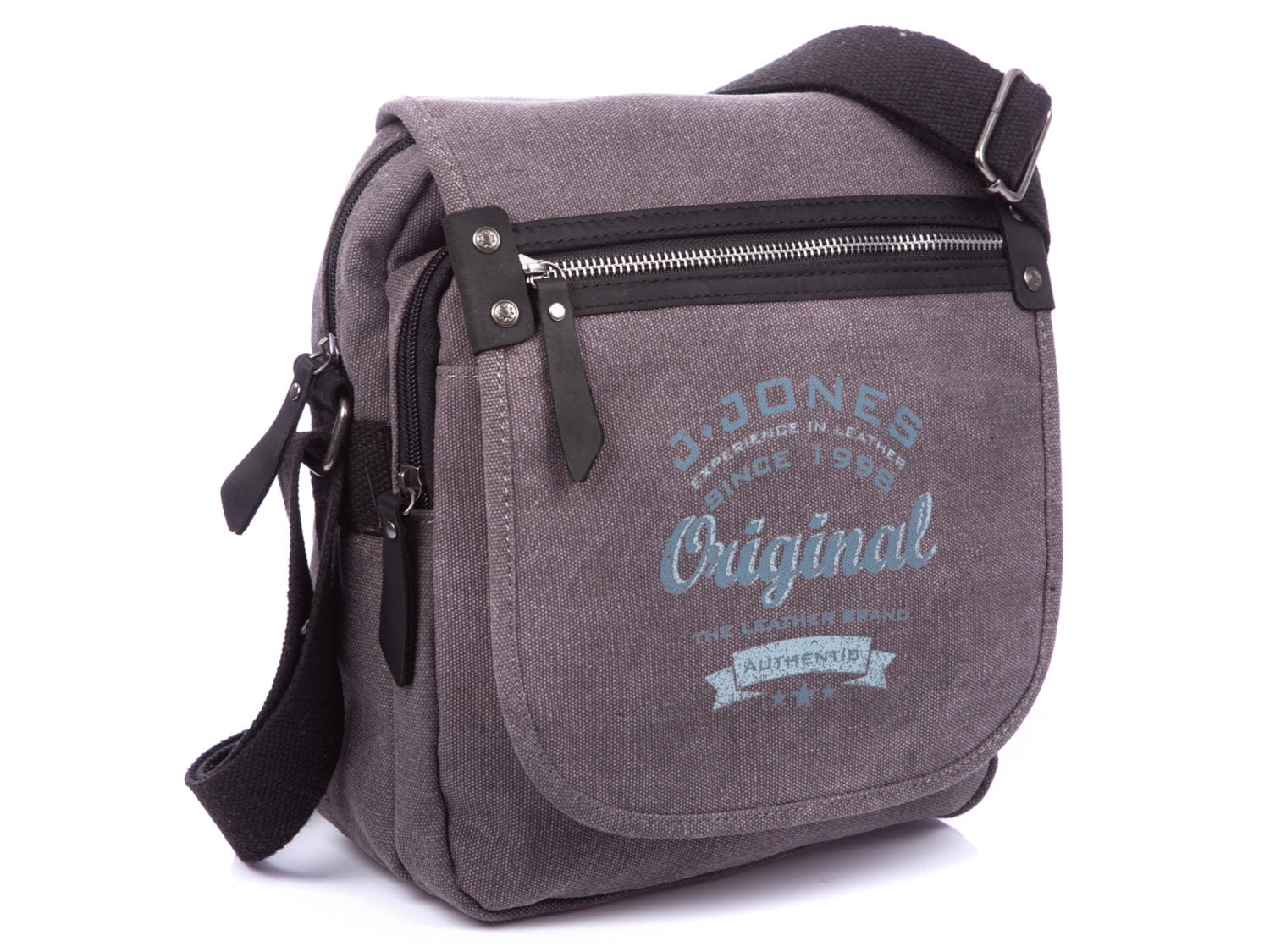 Płócienna listonoszka męska na ramię ze skórą naturalną szara