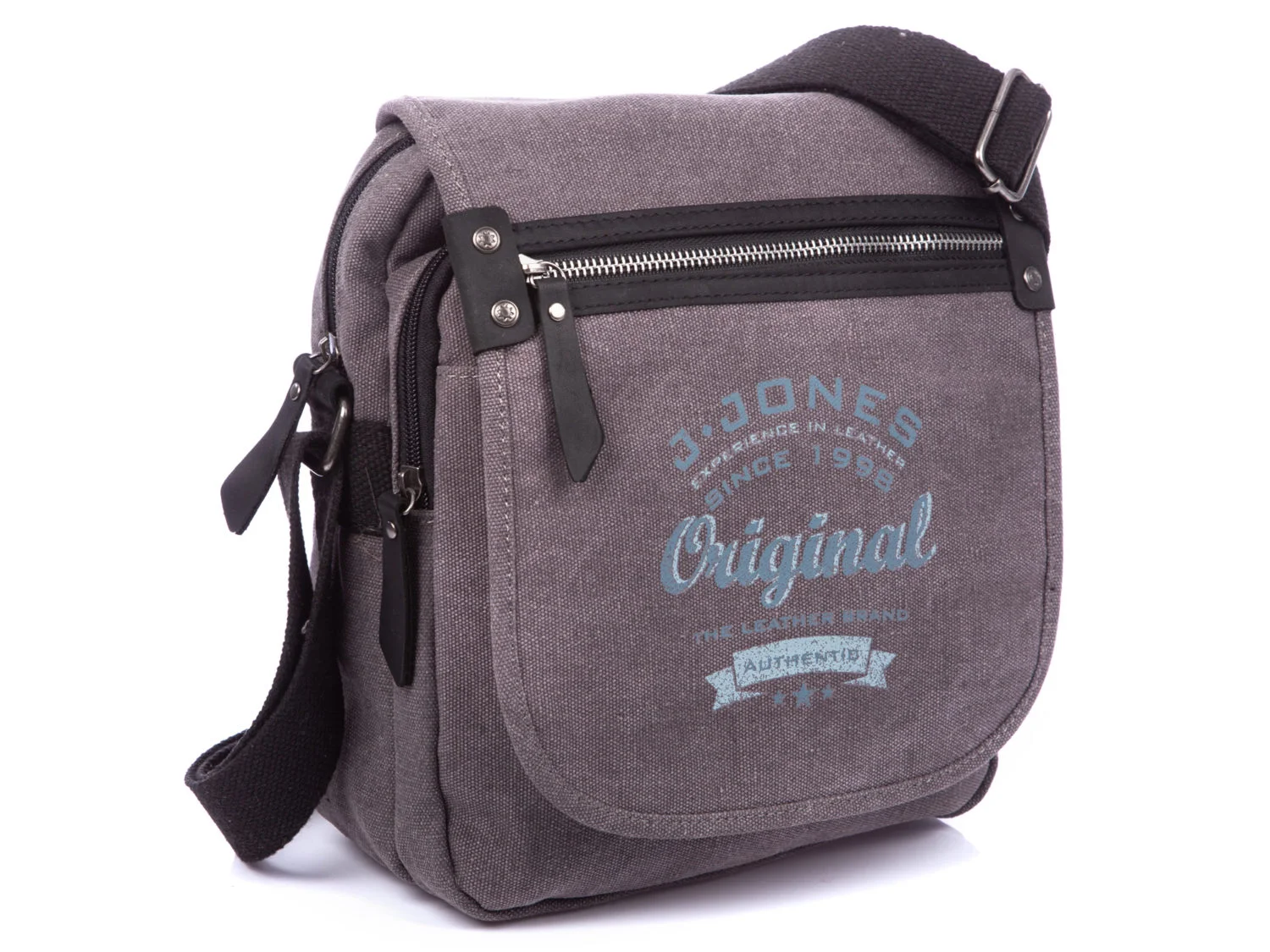 Płócienna listonoszka męska na ramię ze skórą naturalną szara