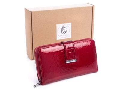 Duży czerwony lakierowany portfel damski zapinany na zatrzask Jennifer Jones 5280 z pudełkiem