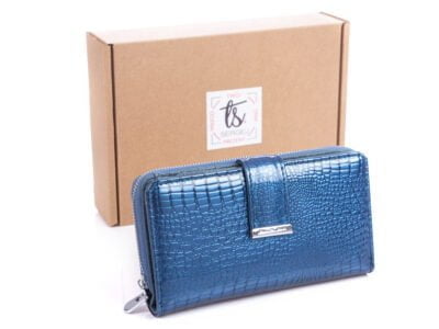 Duży niebieski portfel damski lakierowany Jennifer Jones 5280 z pudełkiem