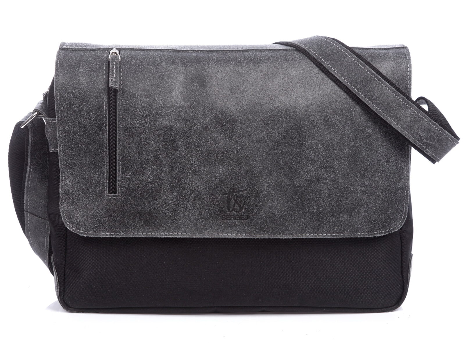 Duża torba męska na ramię A4 ze skórzaną szarą klapą SERGEJ