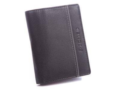 Męski portfel skórzany pionowy RFID czarny z szarym paseczkiem