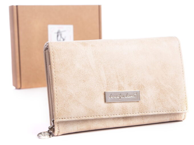 Jasnobeżowy portfel damski Jennifer Jones z eko skóry 1103 w pudełku