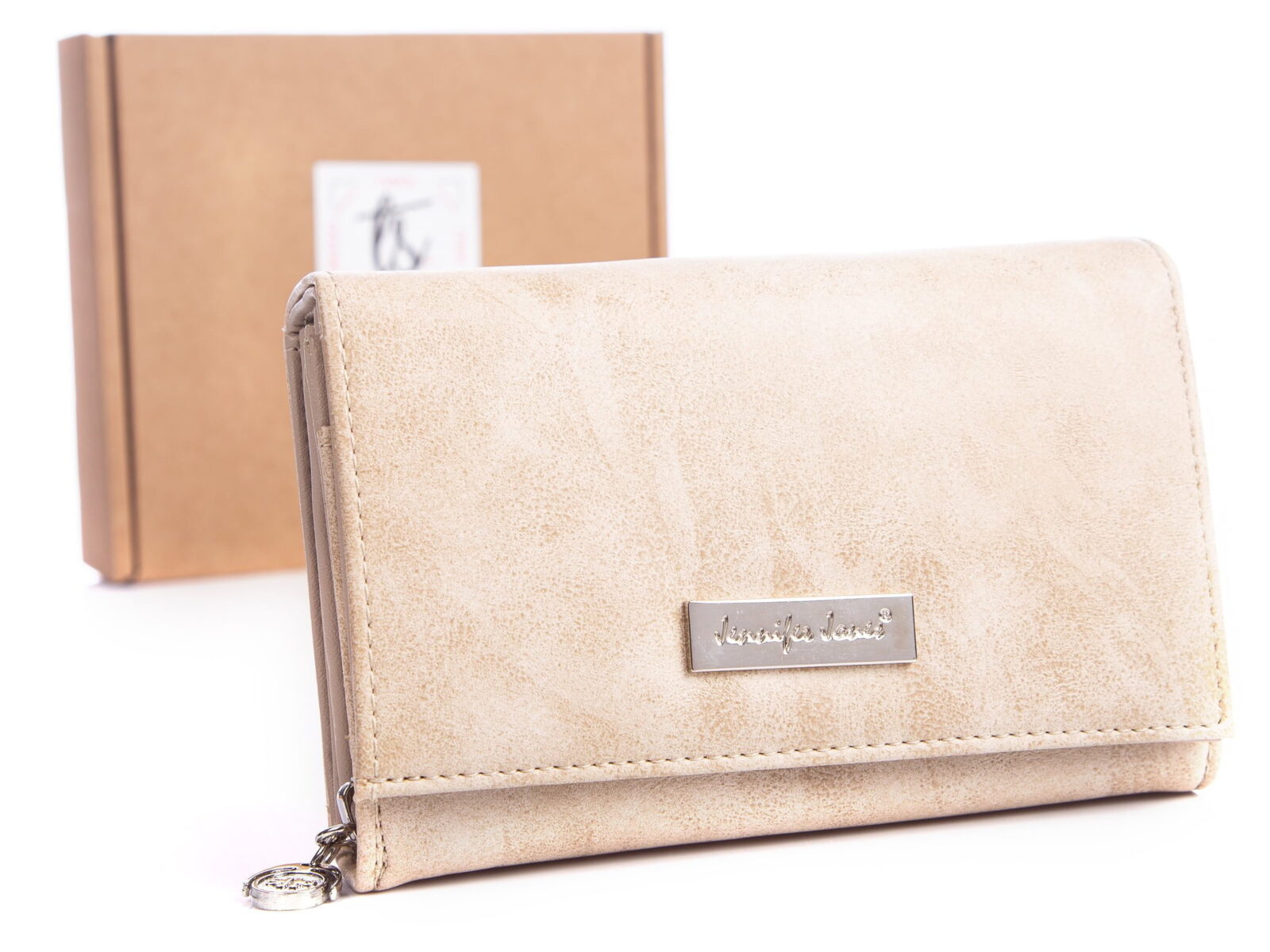 Jasnobeżowy portfel damski Jennifer Jones z eko skóry 1103 w pudełku