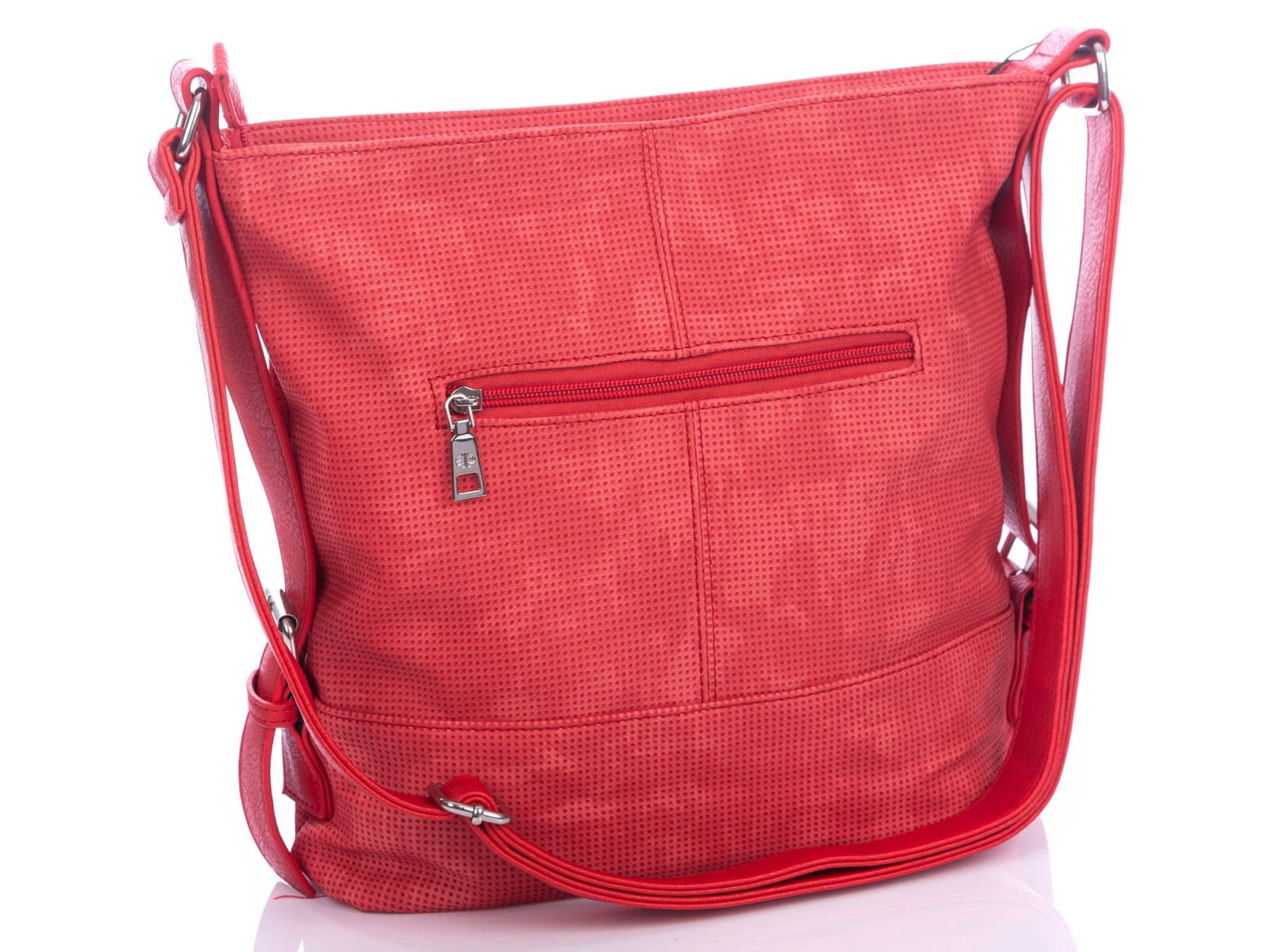 Czerwona torebka na ramię z przodu, z kieszenią na suwak i regulowanym paskiem