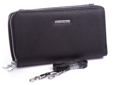 Duży skórzany portfel damski kopertowy z paskiem na ramię odczepianym