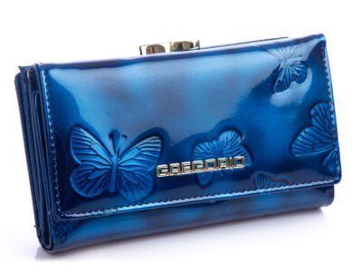 Niebieski portfel damski z lakierem w tłoczone motylki Gregorio rfid