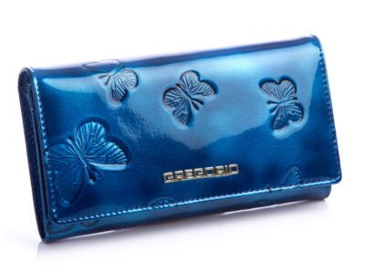 Niebieski poziomy portfel damski lakierowany w motylki Gregorio rfid