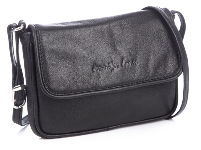 Mała czarna skórzana torebka damska z klapką Jennifer Jones