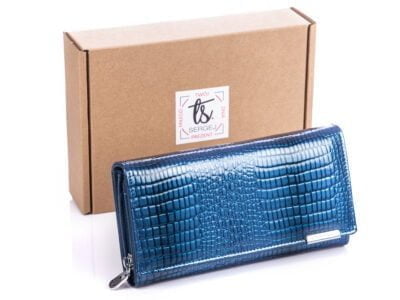 Niebieski lakierowany portfel damski Jennifer Jones z pudełkiem na prezent