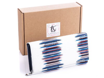 Biały portfel damski z niebieskimi paskami Jennifer Jones 5288 z pudełkiem