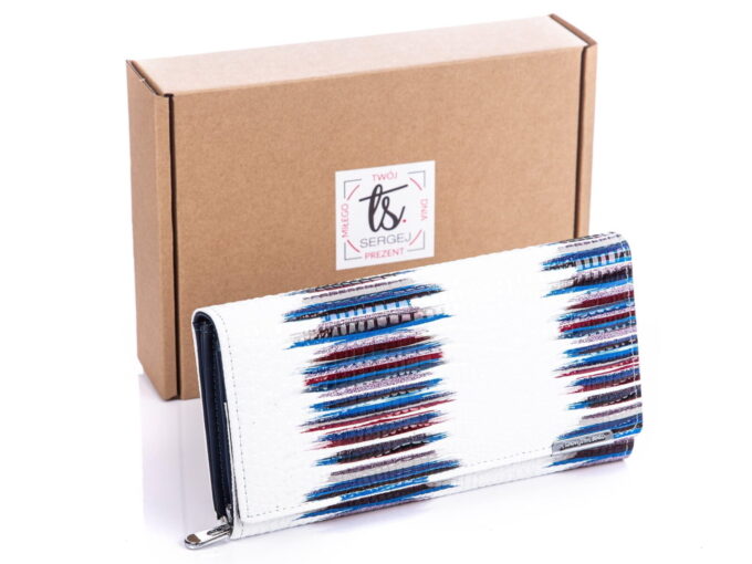 Biały portfel damski z niebieskimi paskami Jennifer Jones 5288 z pudełkiem