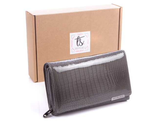 IMG_9650 Szary lakierowany portfel damski Jennifer Jones 5261 z pudełkiem na prezent