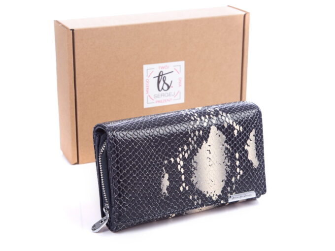 Granatowo beżowy portfel damski imitacja skóry węża Jennifer joones 5261 z pudełkiem w zestawie