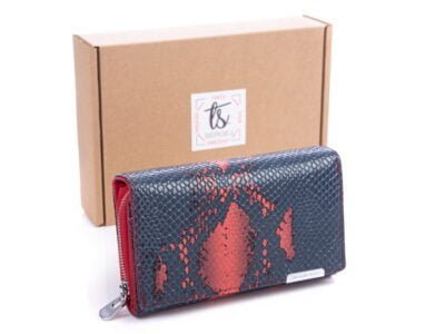 Granatowo czerwony portfel damski imitujacy skórę węża 52614 Jennifer Jones z pudełkiem na prezent