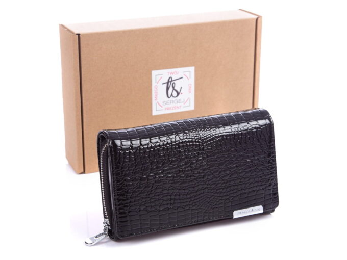 Czarny lakierowany portfel damski Jennifer Jones 5261 z pudełkiem