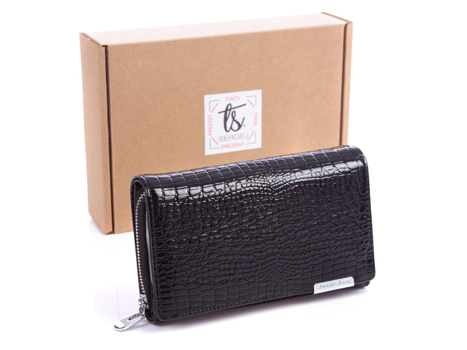 Czarny lakierowany portfel damski Jennifer Jones 5261 z pudełkiem