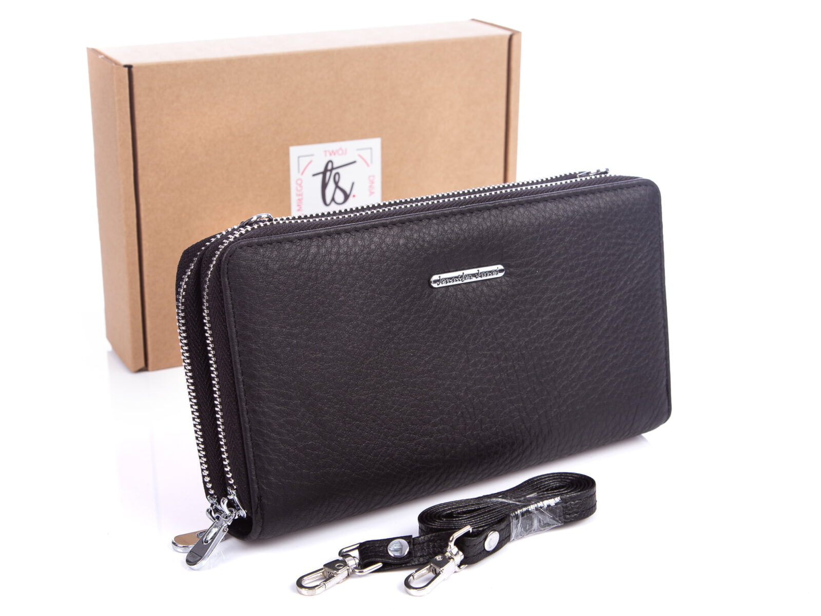 Czarny duży portfel kopertowy z paskiem na ramię czarny jennifer Jones 5276 z pudełkiem