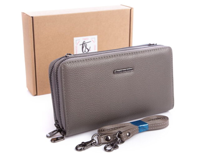 Dwukomorowy szary portfel damski z paskiem na ramię 5277 Jennifer Jones z pudełkiem