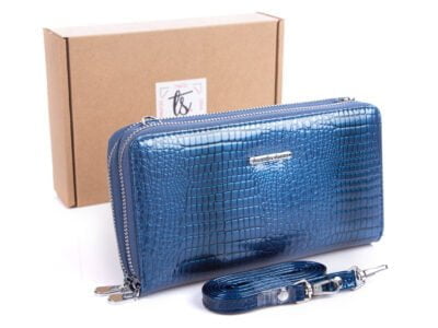 Niebieski torebko-portfel kopertowy lakierowany Jennifer Jones 5276 z pudełkiem