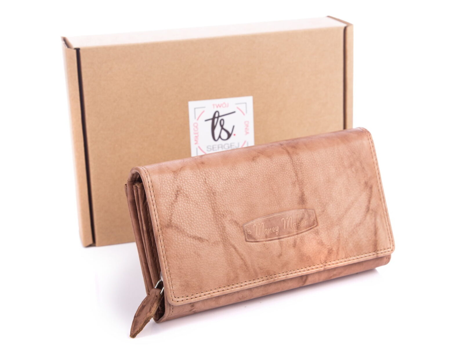 Jasnobrązowy skórzany portfel damski Money Maker 12137B z pudełkiem