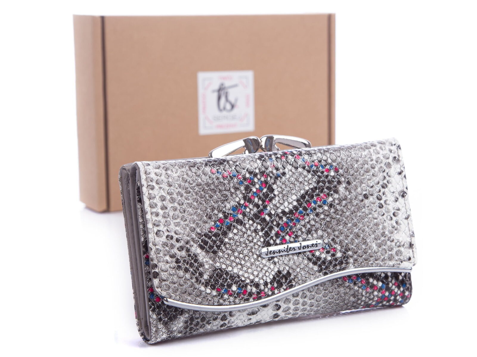 Srebrny portfel damski imitacja skóry węża z kolrowymi kropkami Jennifer Jones 5245 z pudełkiem