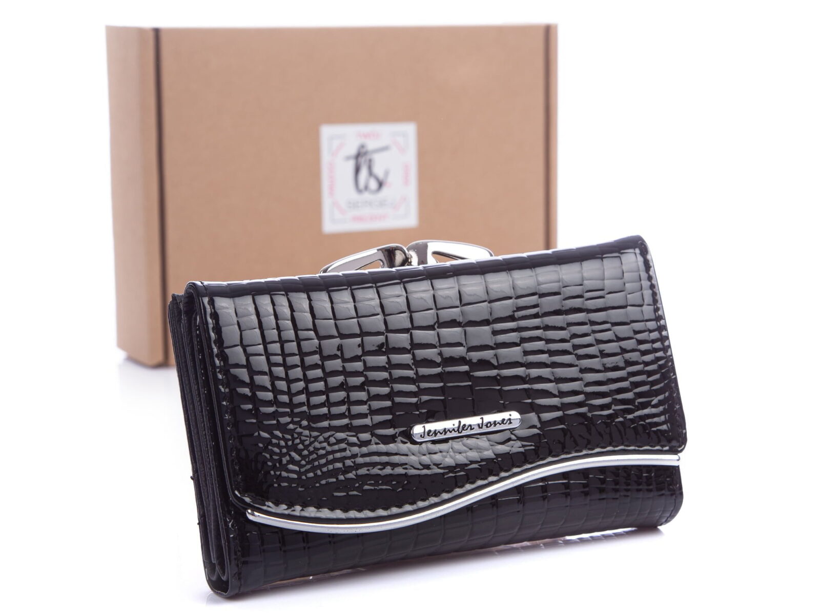 Czarny lakierowany portfel damski z falą Jennifer Jones 5245 z pudełkiem na prezent